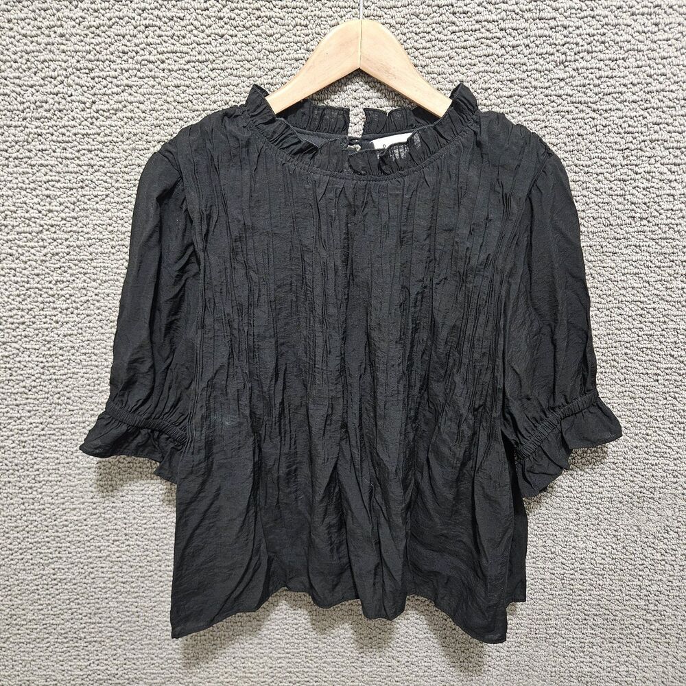 &MERCY Women's Black 3/4 Ballon Sleeve Ruffle Flare Blouse Top Size S